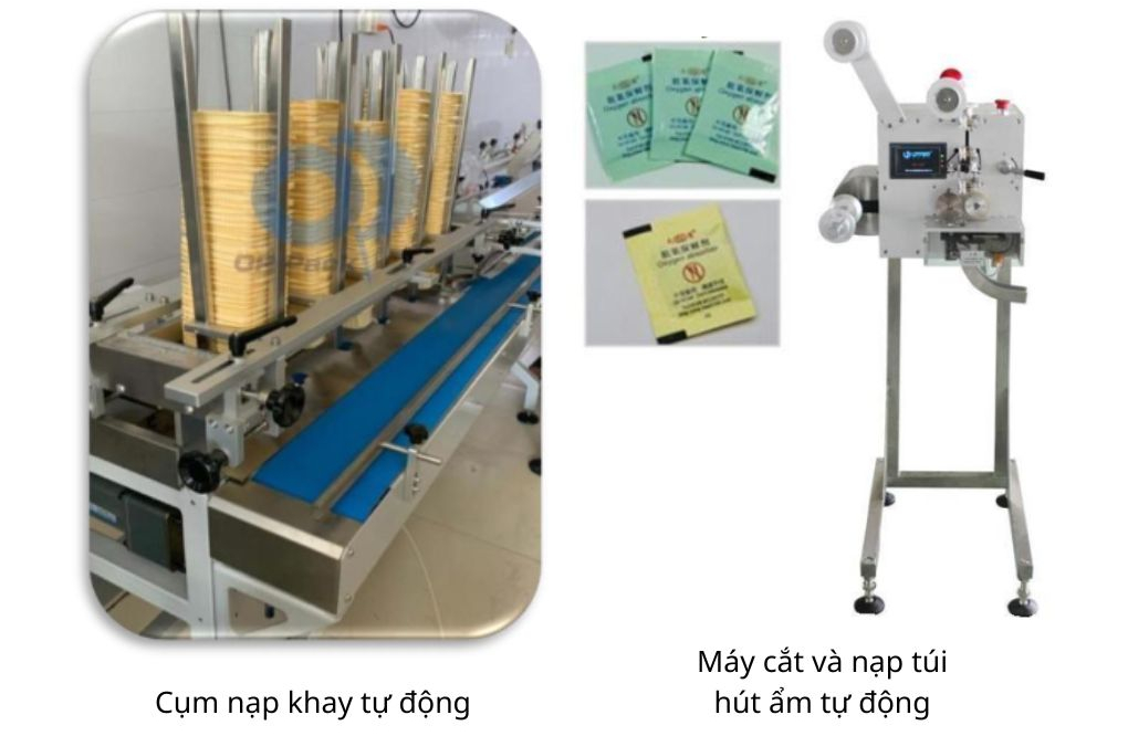 Cụm nạp khay tự động và cấp túi hút ẩm tự động
