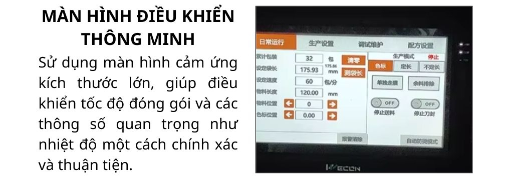 Màn hình điều khiển cảm ứng của máy đóng gói kẹo dừa