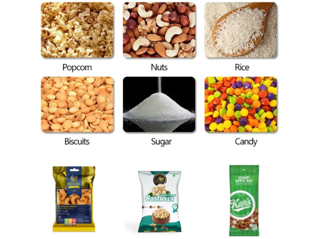 Đóng gói hạt, snack, gia vị, gạo, kẹo, bánh quy