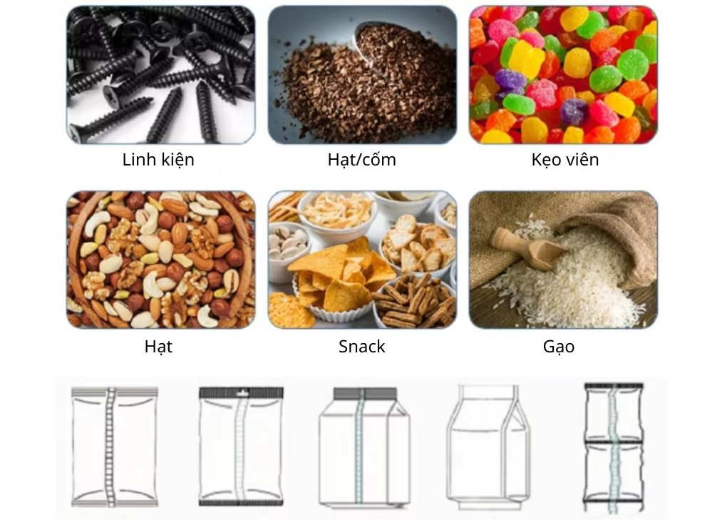 Đóng gói hạt, linh kiện, snack, gạo, kẹo viên