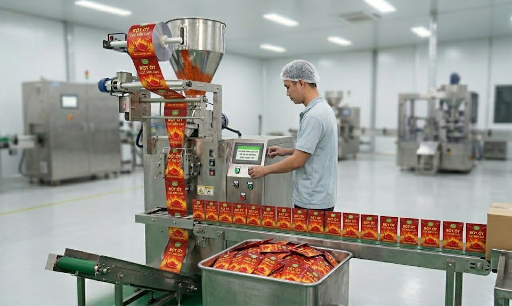 Đóng gói bột ớt bằng máy đóng gói